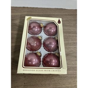 VTG Box of‎ 6 Krebs "TUSCANY ROSE" Pink Shiny Glass Christmas Ball Ornaments•USA